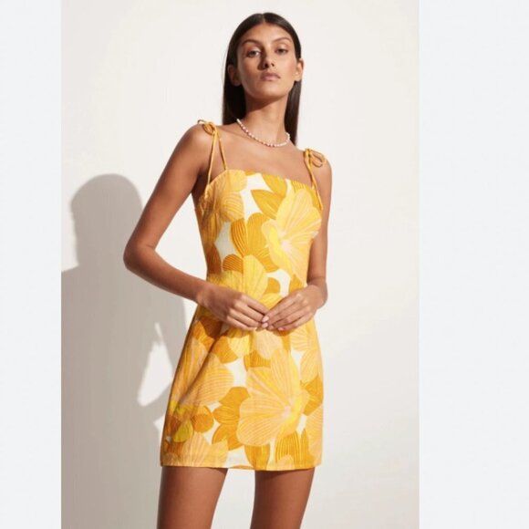 FAITHFULL THE BRAND YSLA LINEN YELLOW FLORAL TIE SPAGHETTI STRAPS MINI DRESS - Picture 1 of 11